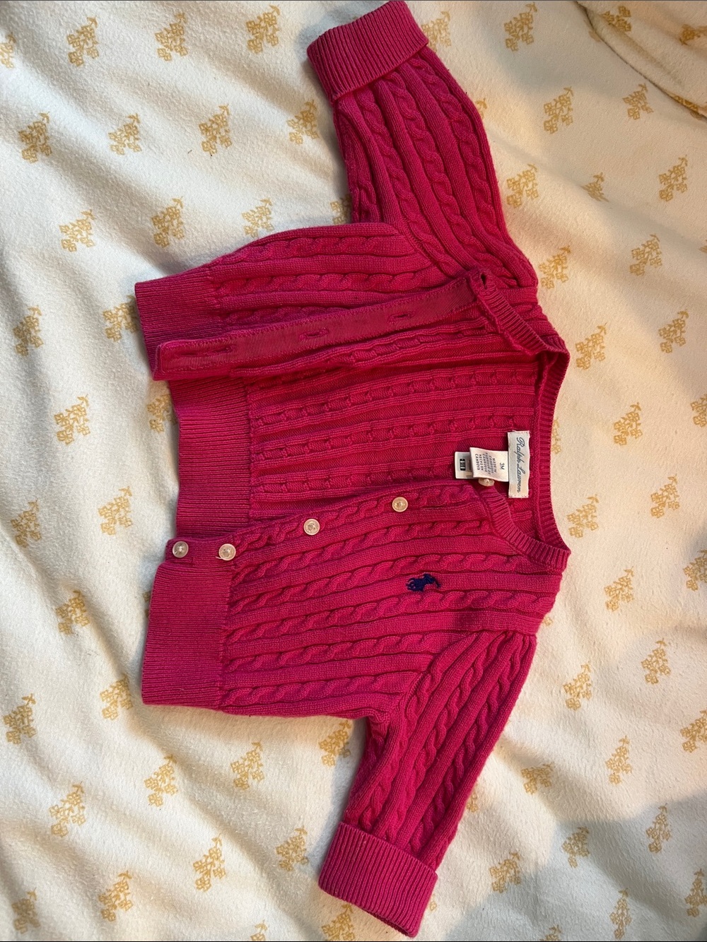 Ralph Lauren Toddler Cable Knit Cardigan in Bright Pink with Navy Pony